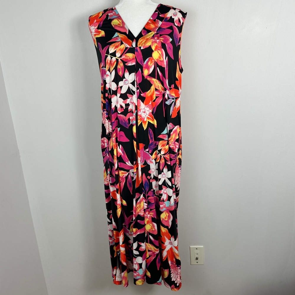 Natroi Floral v-Neck Dress Womens Size Medium Midi Length Pockets Boho Stretch